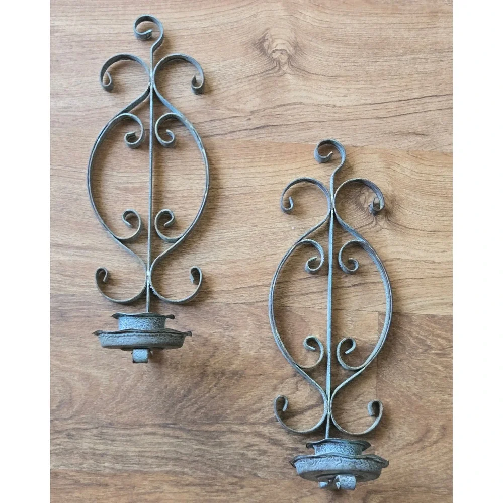 Vintage Wall Sconce‎ Candle Holders Set Scrollwork Rustic Bronze Metal Farmhouse